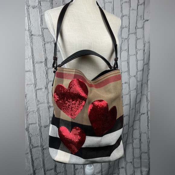 Burberry Sequin Hearts Canvas Bucket Bag Limited Edition Hearts Multi Color - Picture 2 of 14
